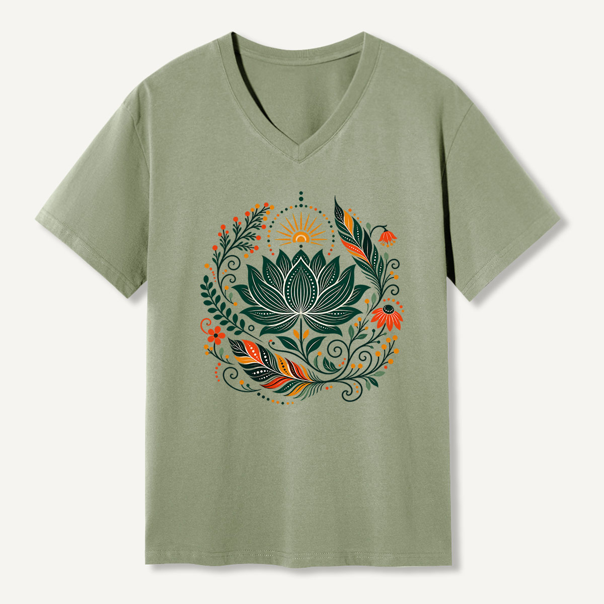 Boho Lotus Sunrise Botanical V-neck T-Shirt