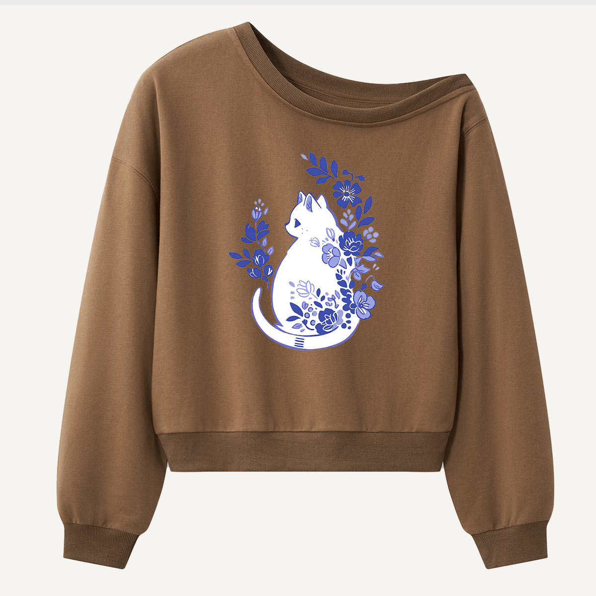 Blue Floral Bottle Art Women Off Shoulder Sweatshirt