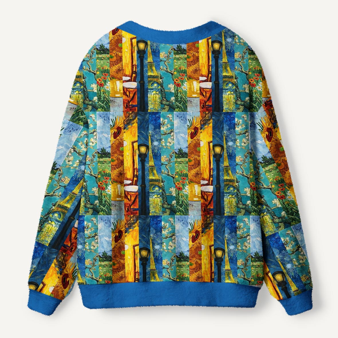 Van Gogh Inspired Art Collage Eiffel Tower Almond Blossoms And Sunflowers Ugly Cardigan Sweaters