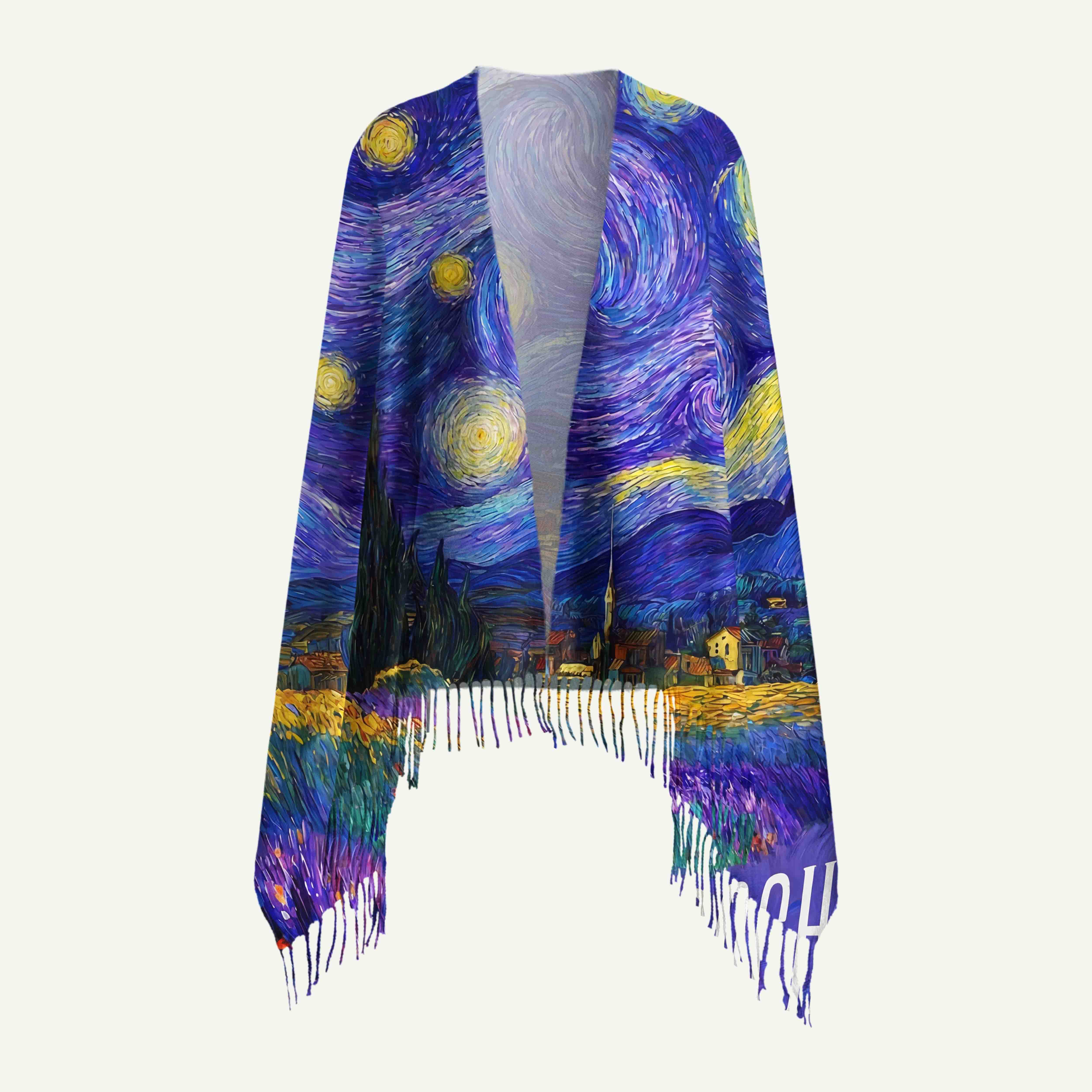 Swirling Night Sky Village Landscape Long Cashmere Scarf with Tassels