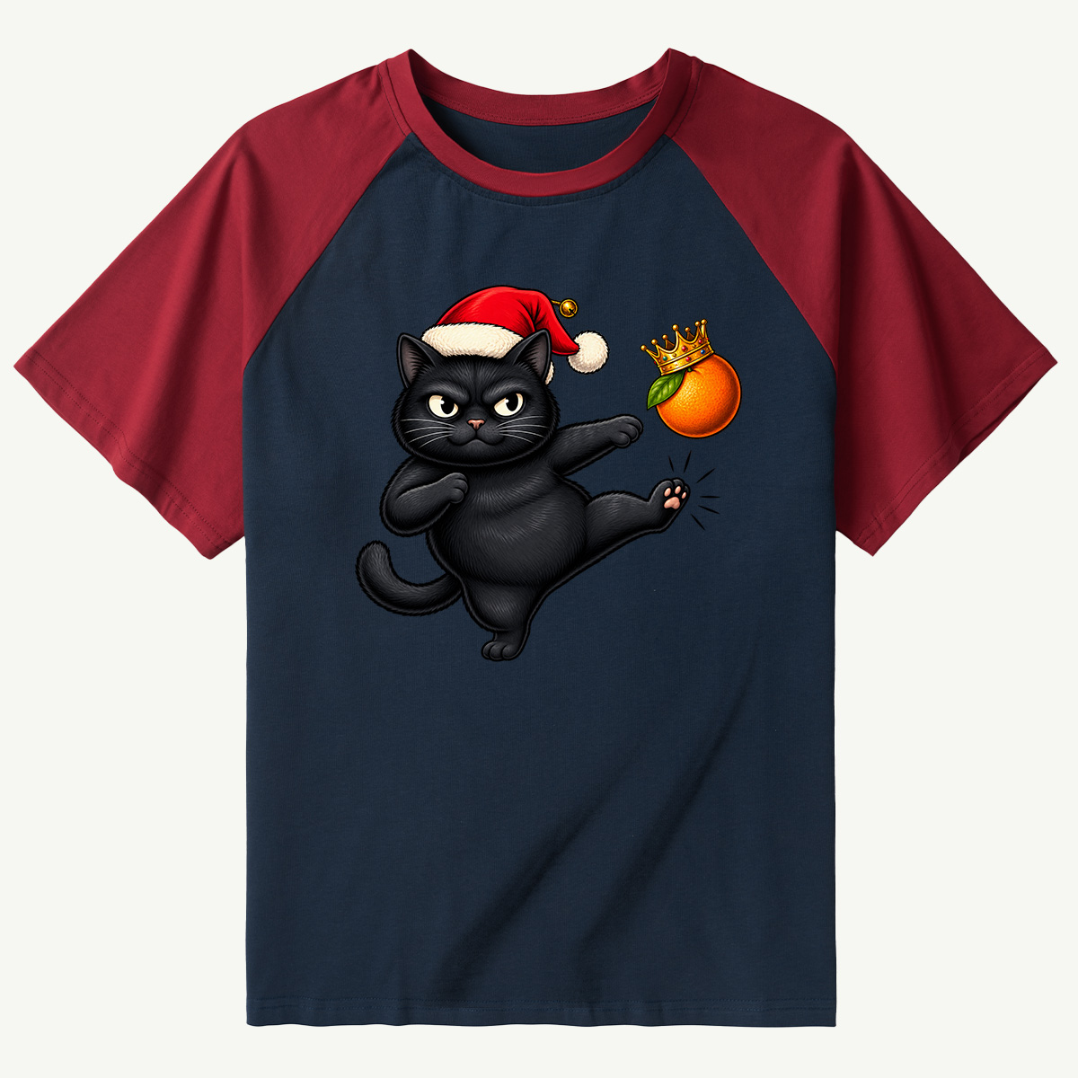 Santa Black Cat Kicking A Crowned Orange Raglan T-Shirt