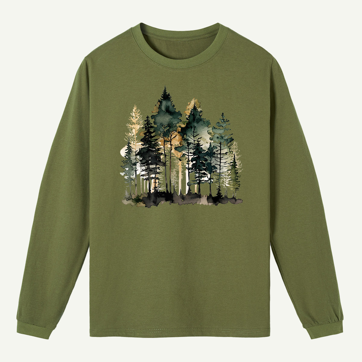 Watercolor Pine Forest Landscape Long Sleeve T-Shirt