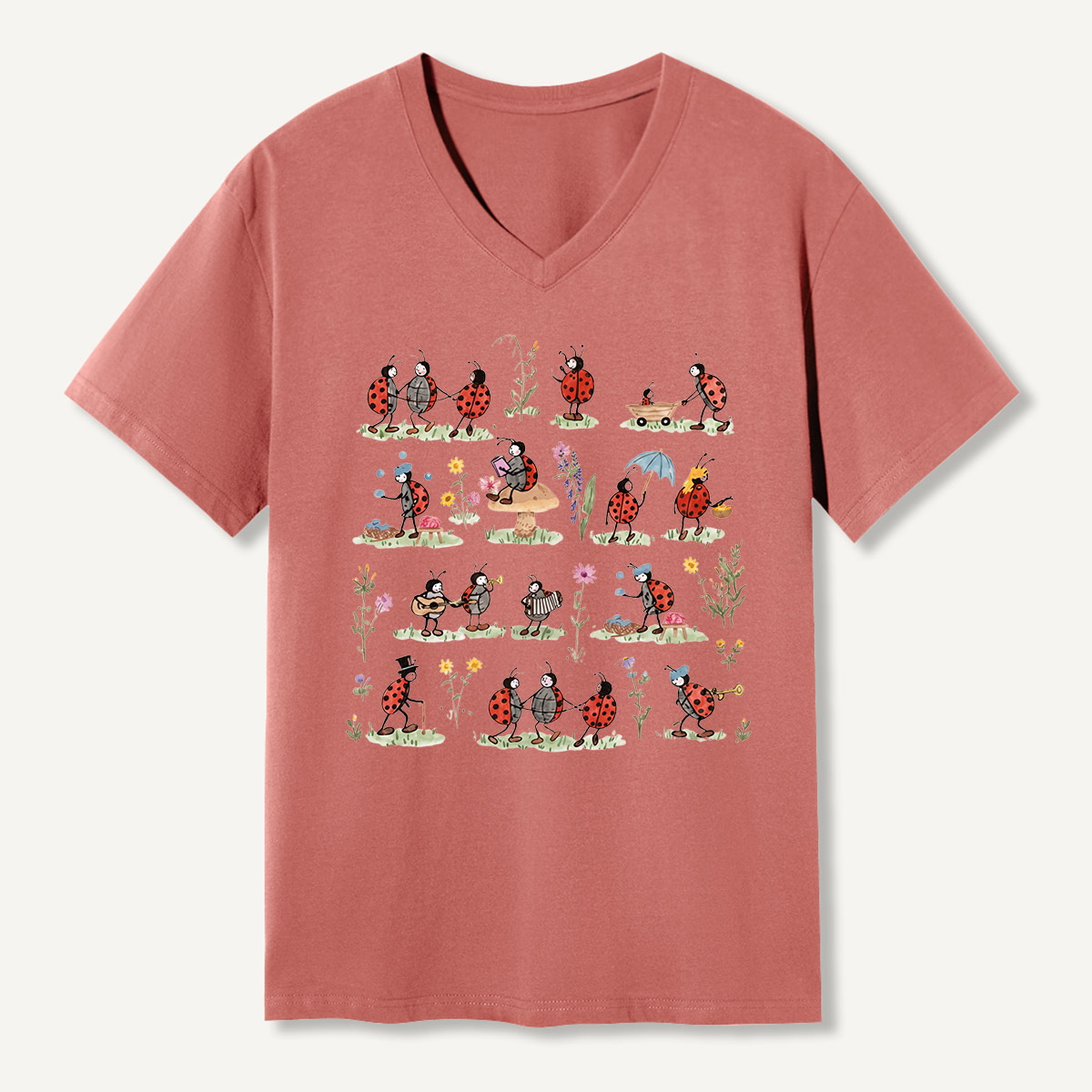 Ladybug and Flower Tee Washed V-neck T-Shirt