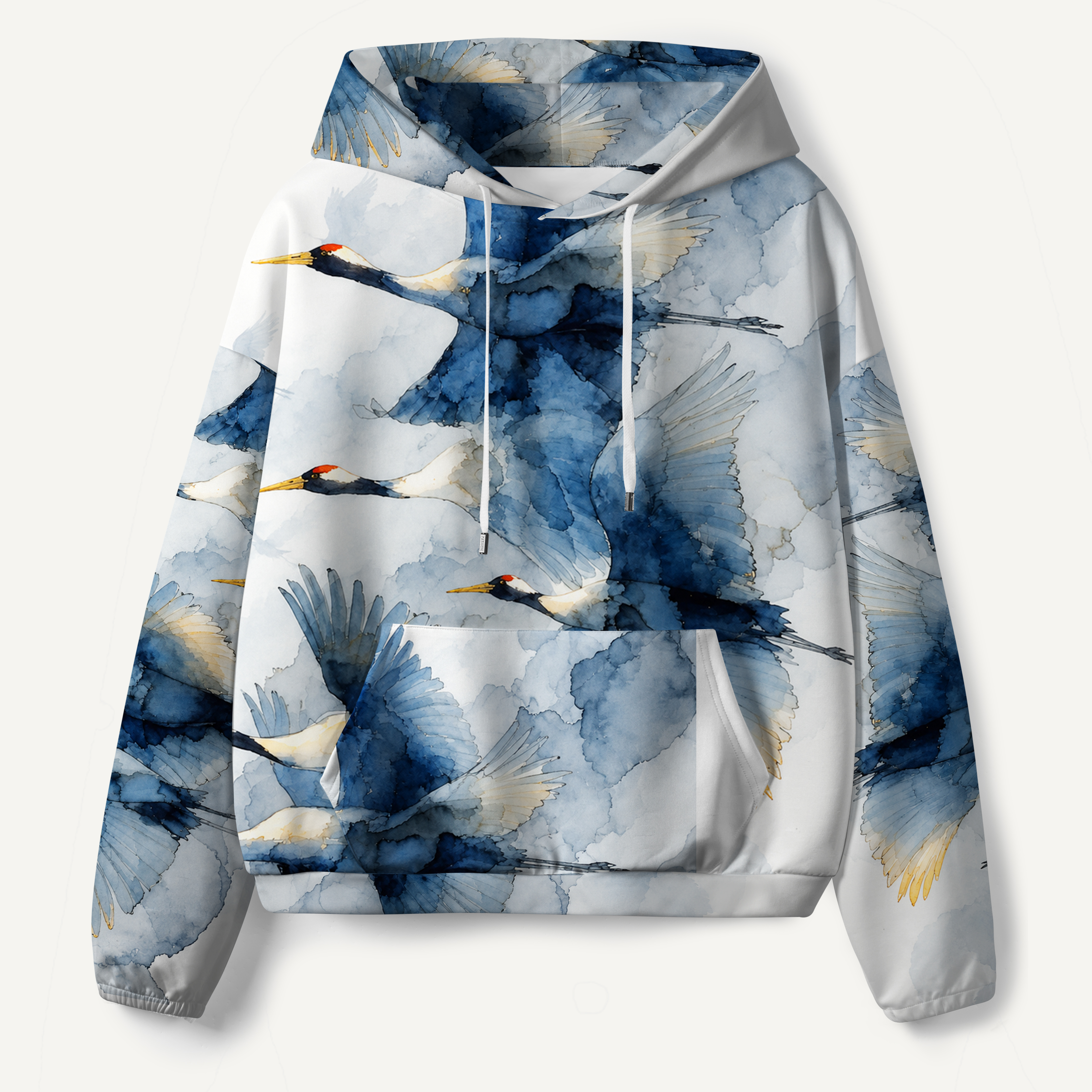 Blue Cranes In Flight Watercolor All-over Printed Hoodie