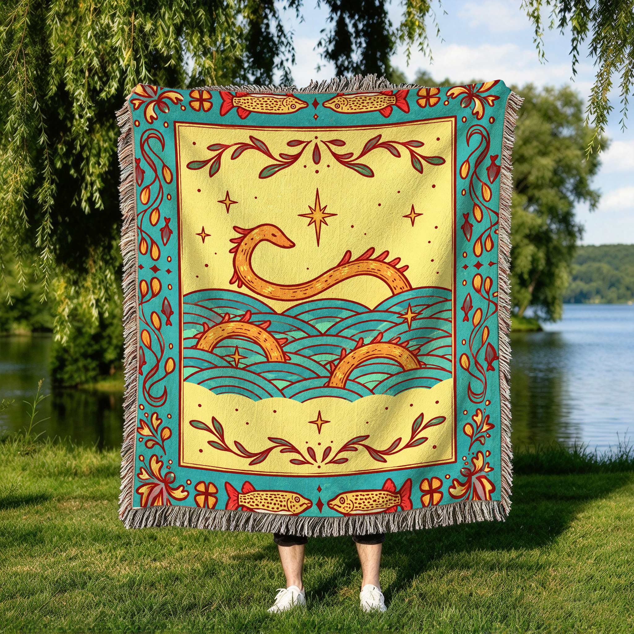 Vintage Sea Serpent Fish And Ocean Waves Folk Art Knitted Fringe Blanket
