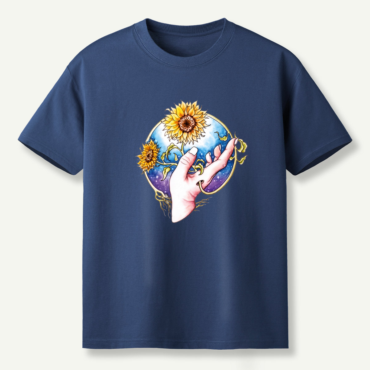 Sunflower Hand Galaxy Botanical Illustration T-Shirt