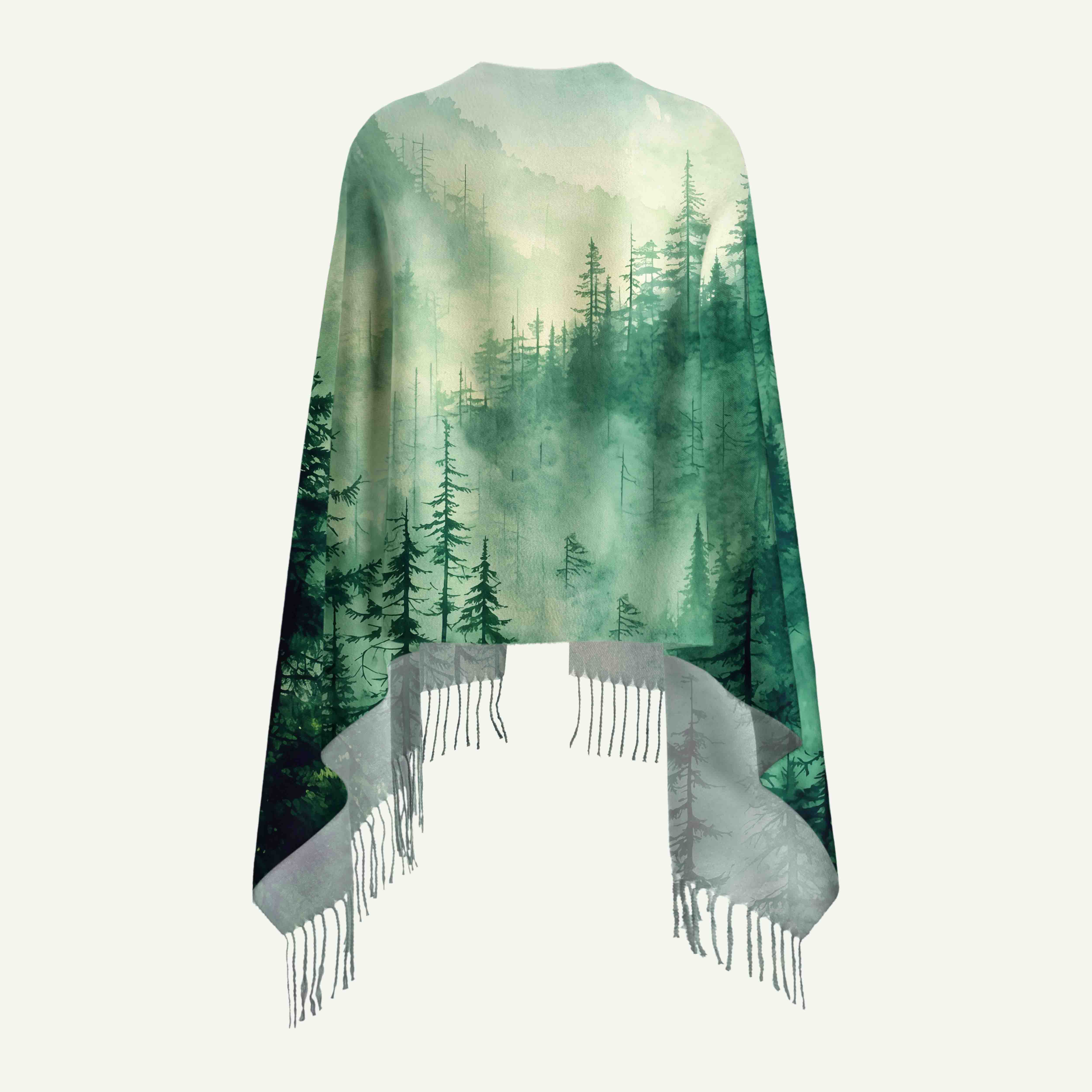 Misty Pine Forest Long Cashmere Scarf with Tassels