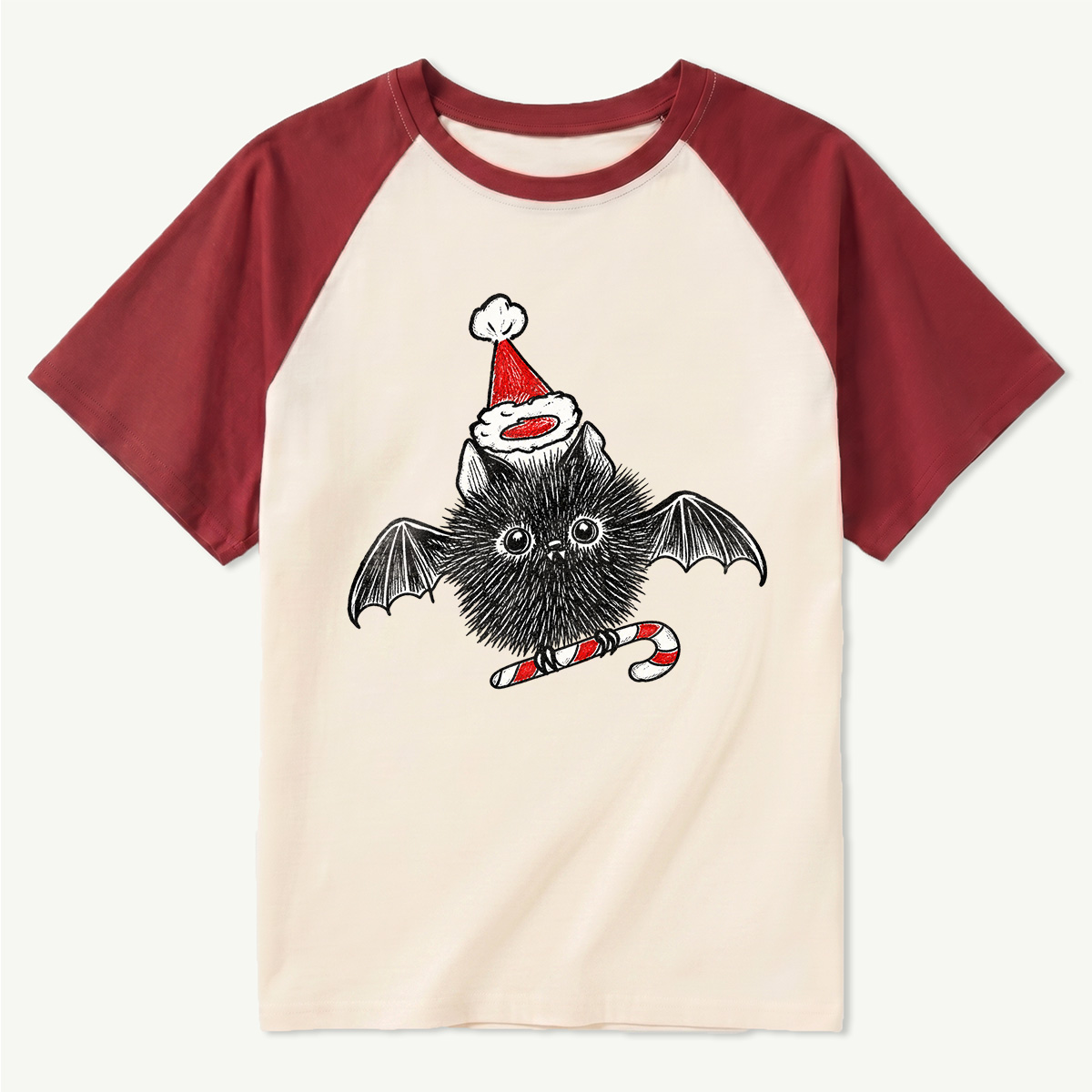 Fluffy Christmas Bat With Santa Hat And Candy Cane Raglan T-Shirt
