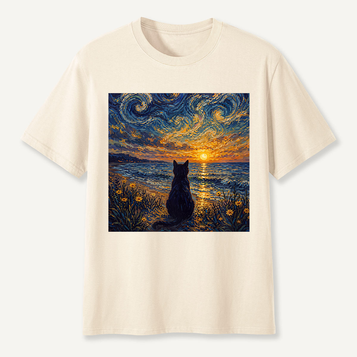 Starry Night Sunset Cat Seaside T-Shirt