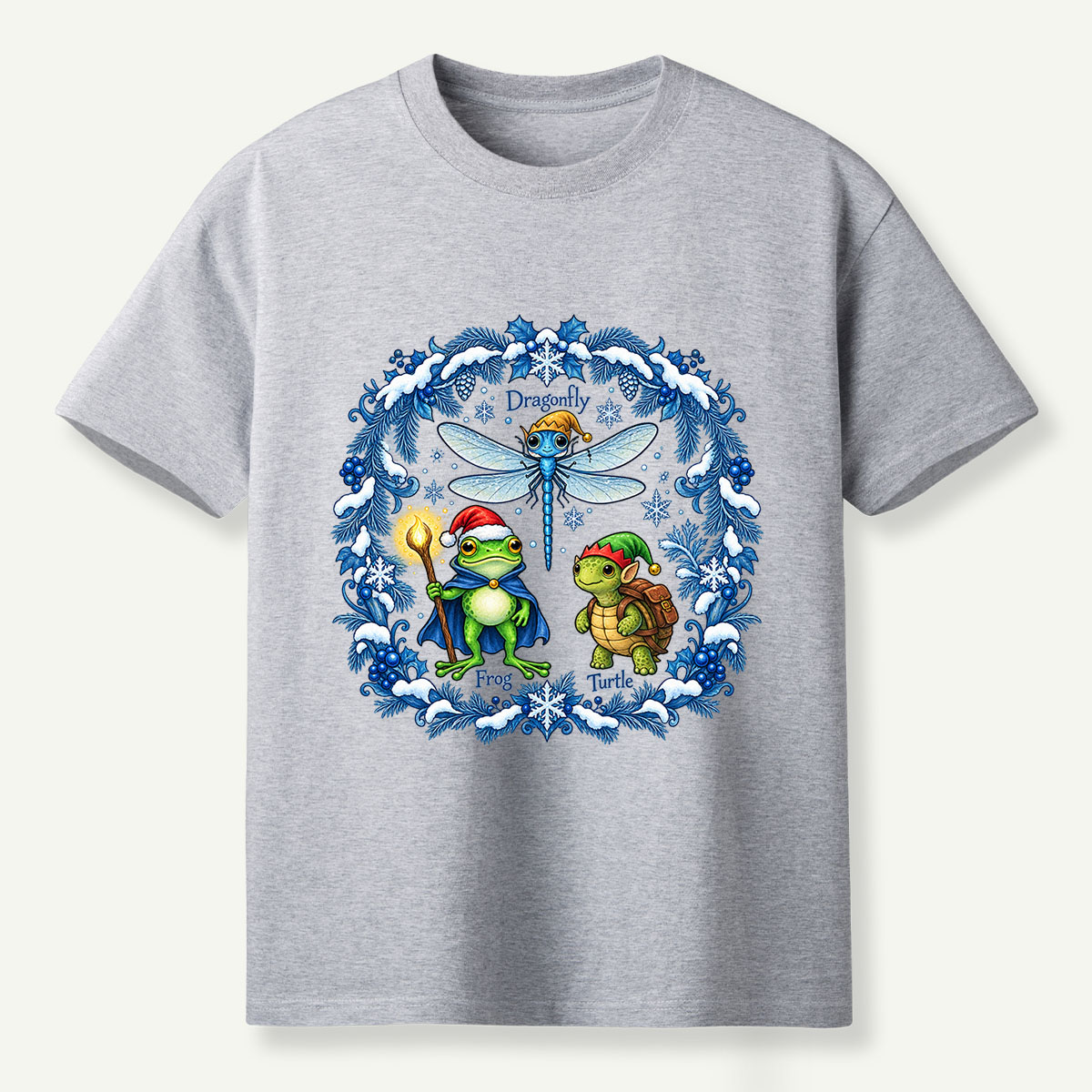 Fantasy Winter Forest Dragonfly Frog And Turtle Companions T-Shirt