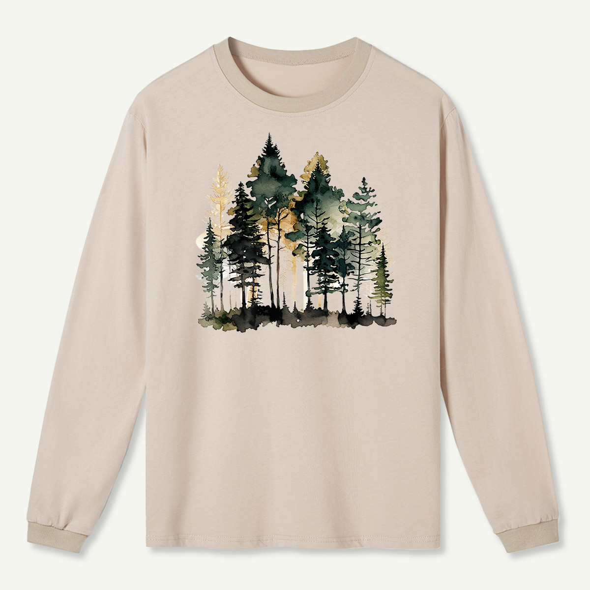 Watercolor Pine Forest Landscape Long Sleeve T-Shirt