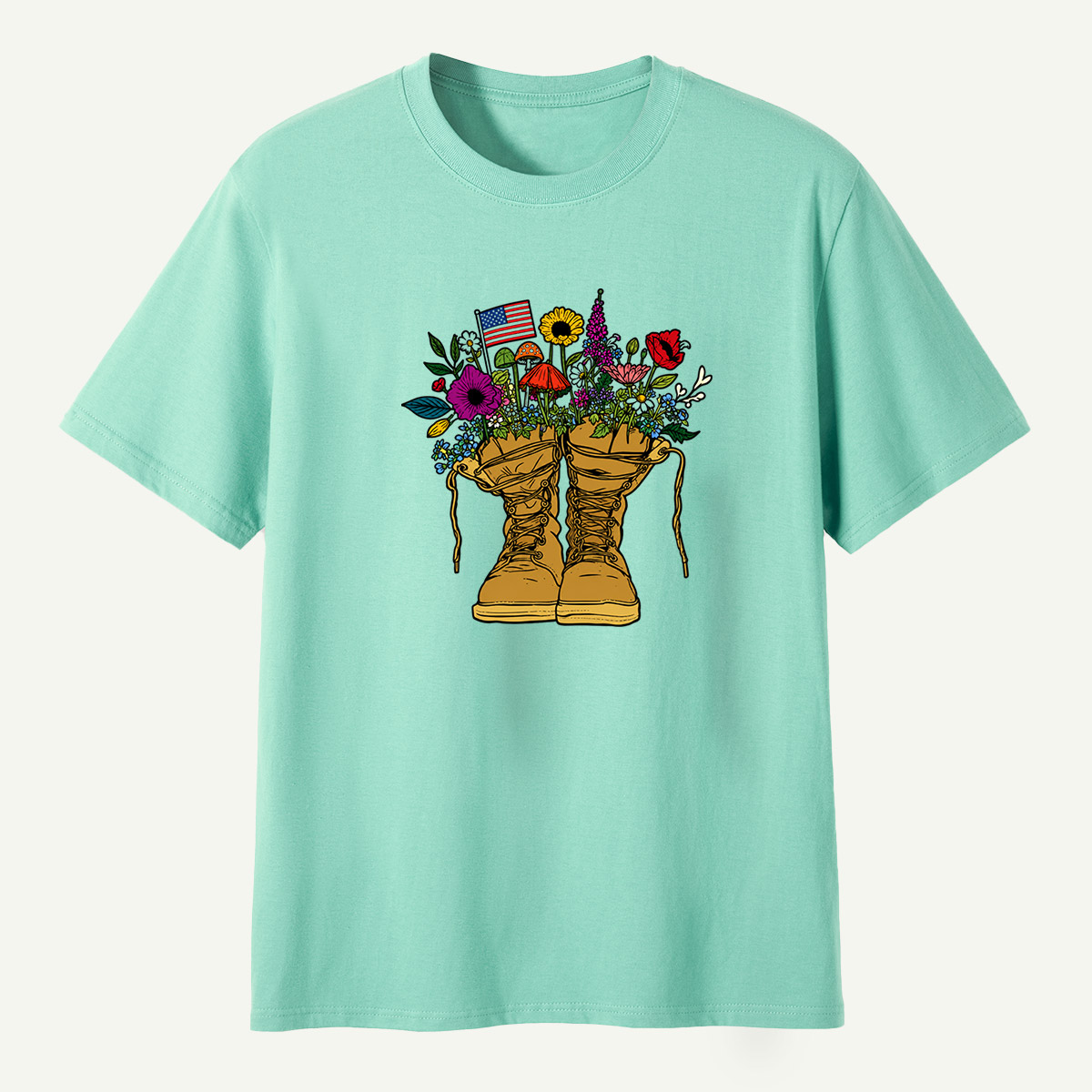 American Flag Combat Boots Wildflower Mushroom Garden T-Shirt