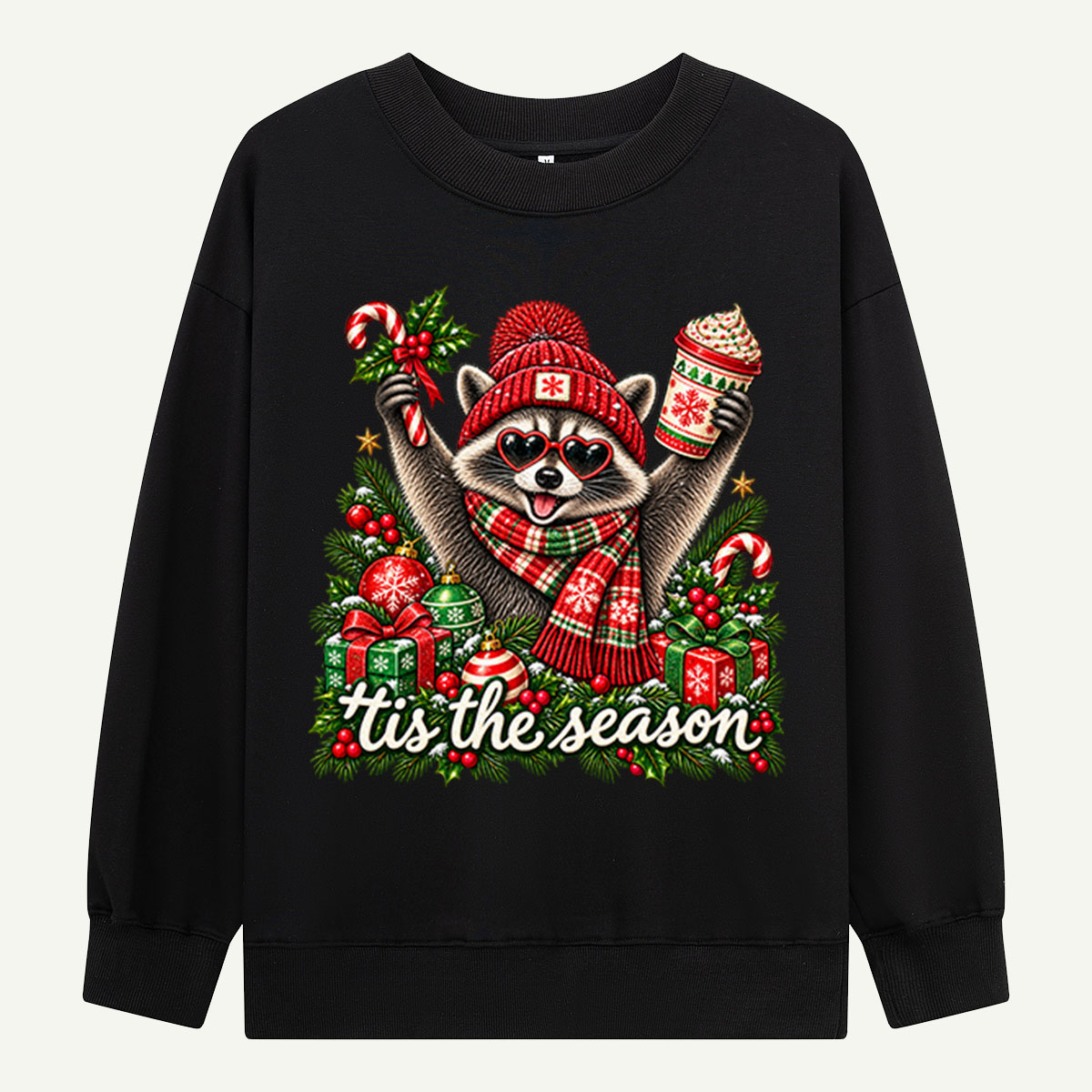 Tis The Season Festive Raccoon With Heart Sunglasses And Hot Cocoa Sweatshirts