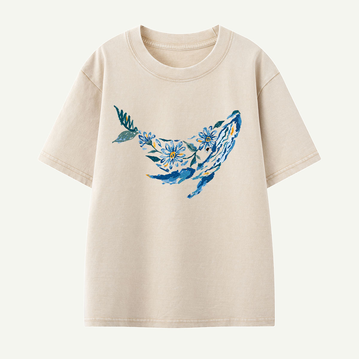 Floral Whale Silhouette Kids Washed T-Shirt