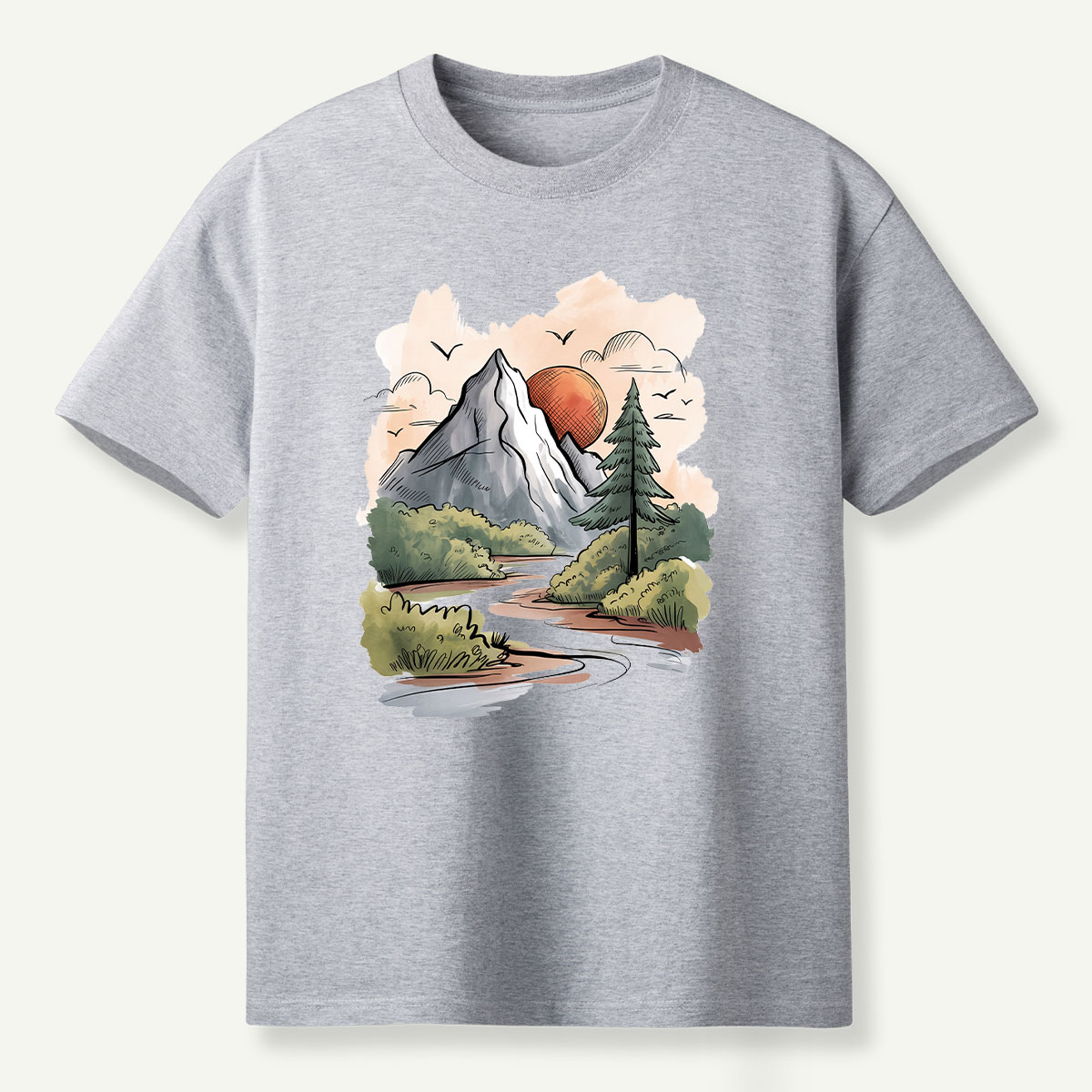 Mountain River Sunset Watercolor Landscape T-Shirt