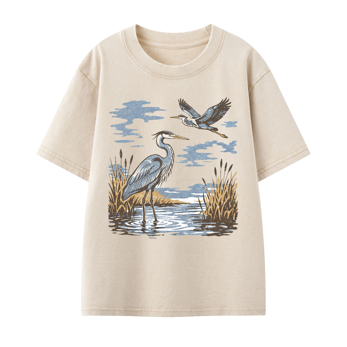 Vintage Heron Wetland Bird Nature Kids Washed T-Shirt