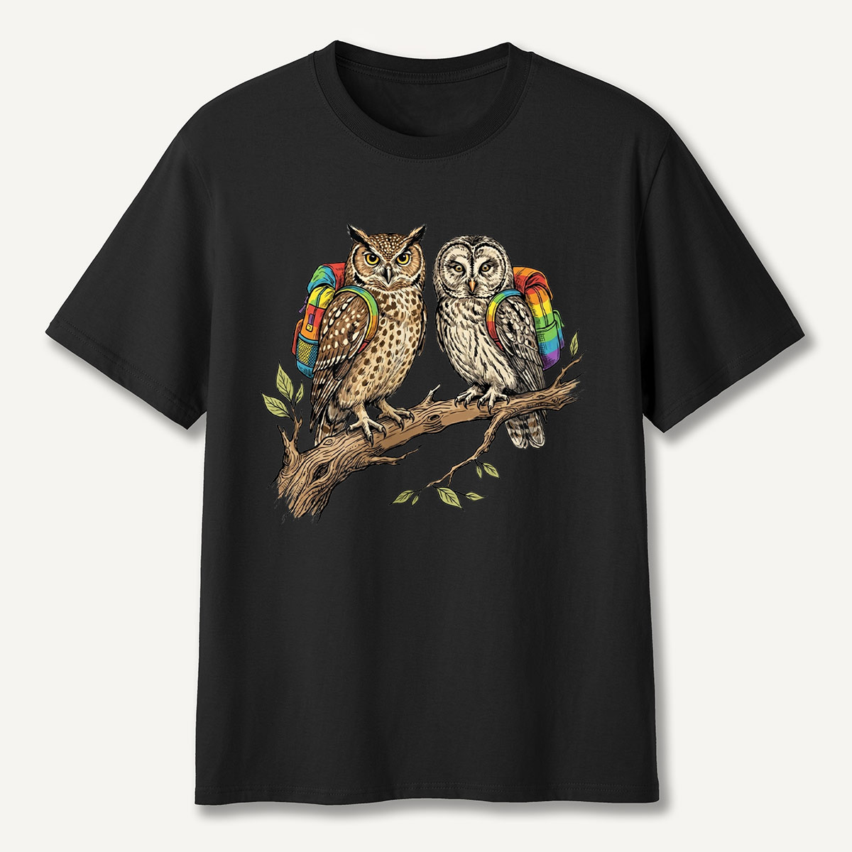 Couple Owls on Branch with Rainbow Backpacks T-Shirt
