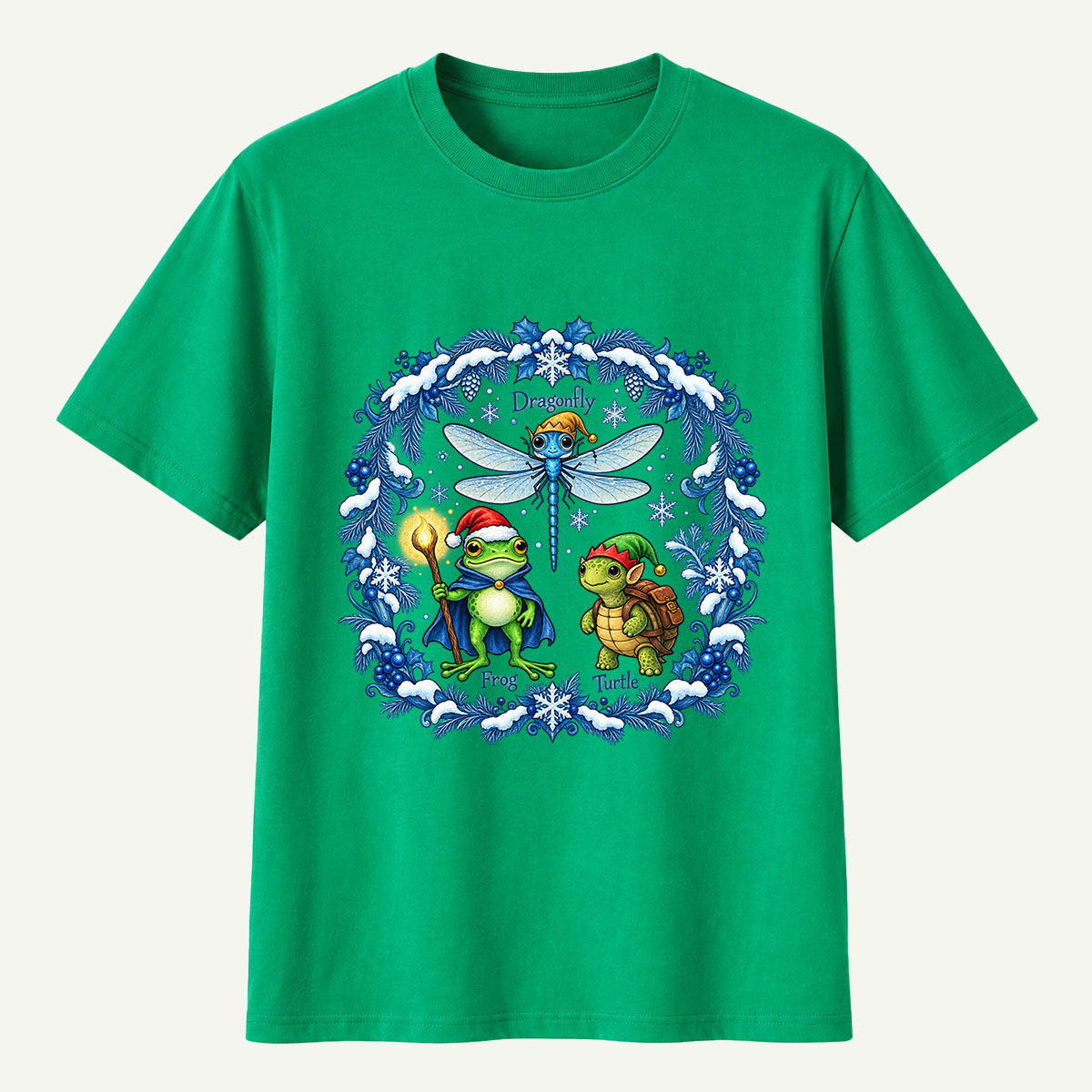 Fantasy Winter Forest Dragonfly Frog And Turtle Companions T-Shirt