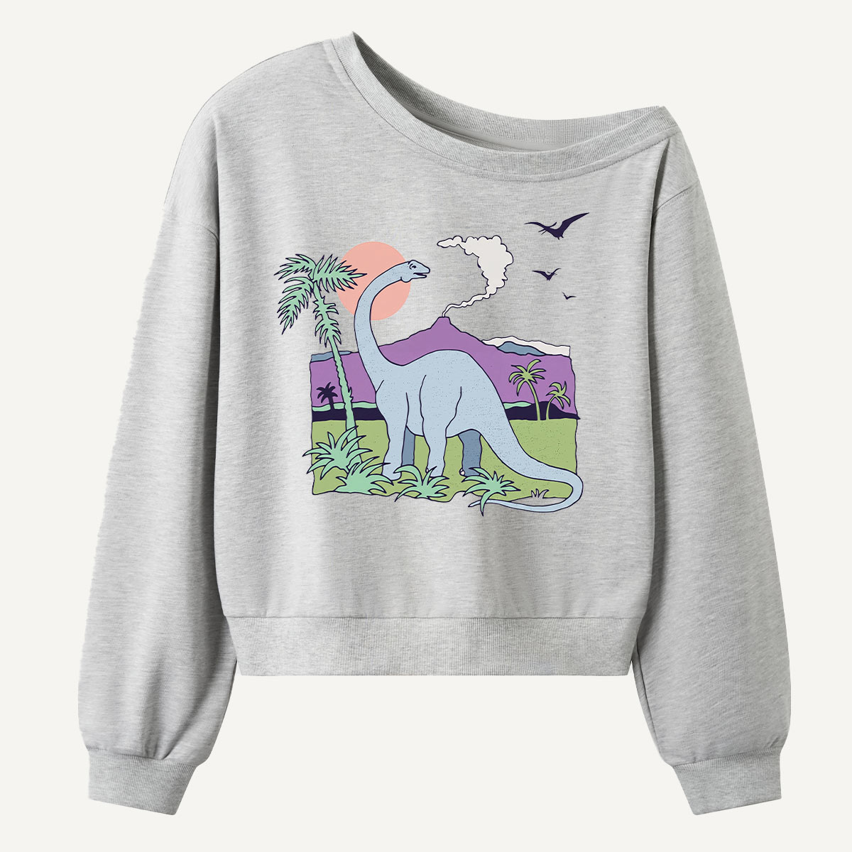 Retro Sauropod Tropical Sunset Women Off Shoulder Sweatshirt