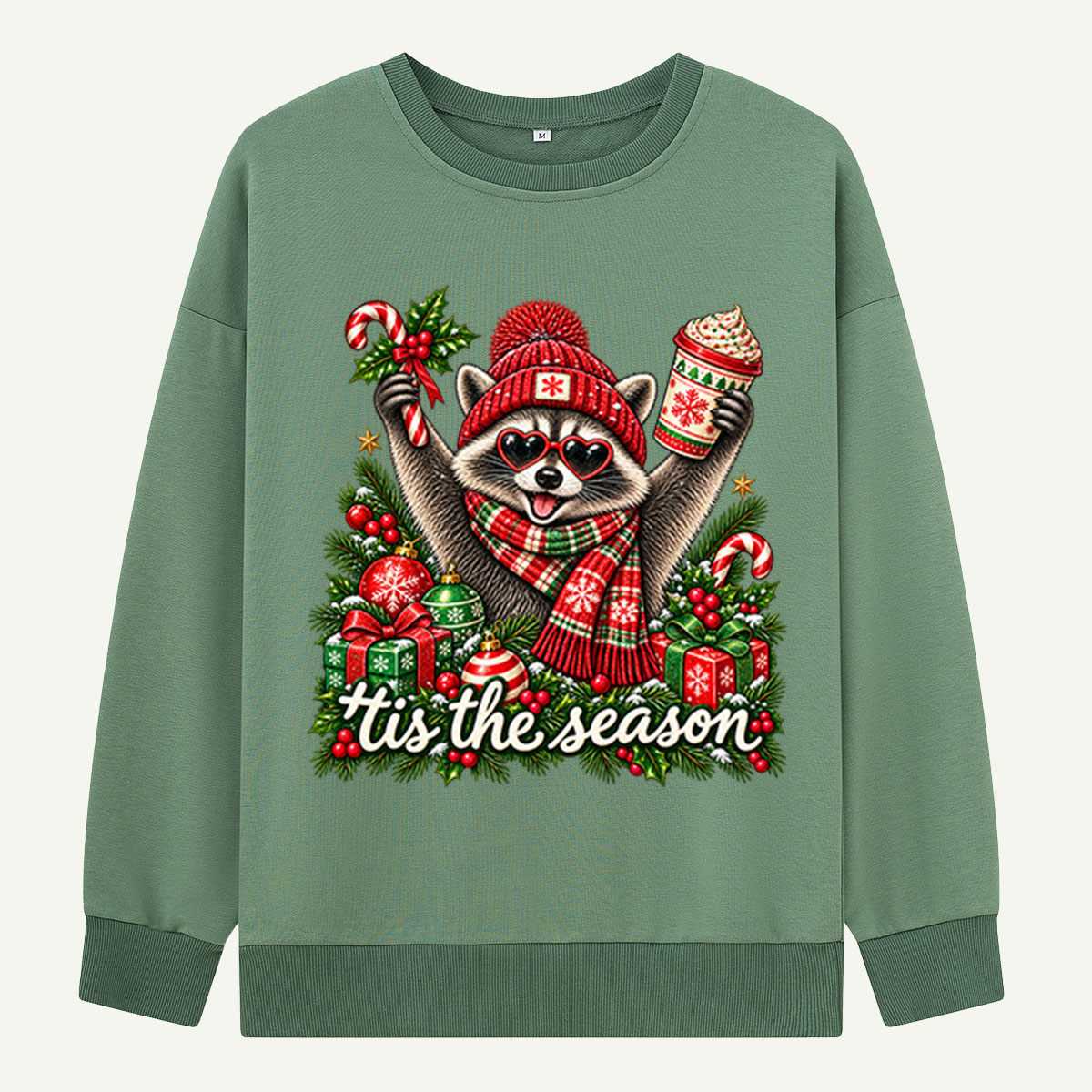 Tis The Season Festive Raccoon With Heart Sunglasses And Hot Cocoa Sweatshirts