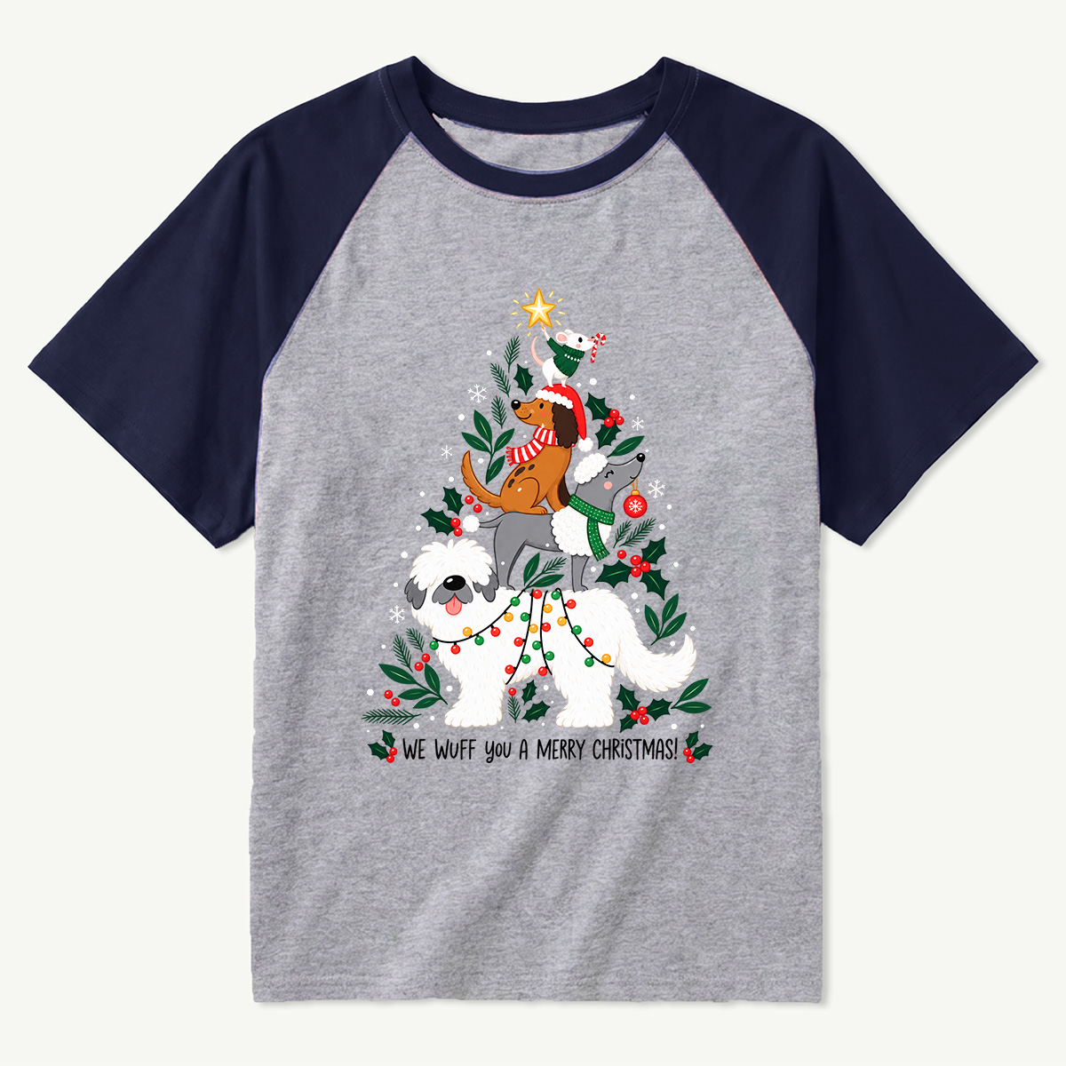 We Wuff You A Merry Christmas Stacked Dogs Raglan T-Shirt