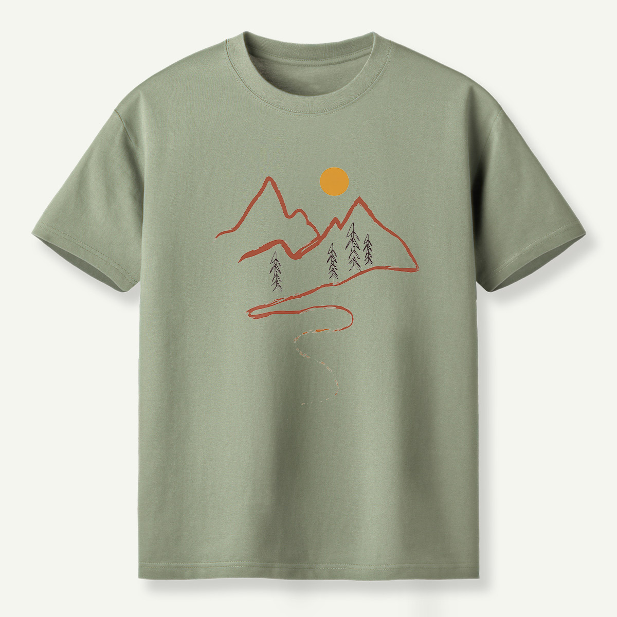 Minimal Mountain Sun Trail Line Art T-Shirt