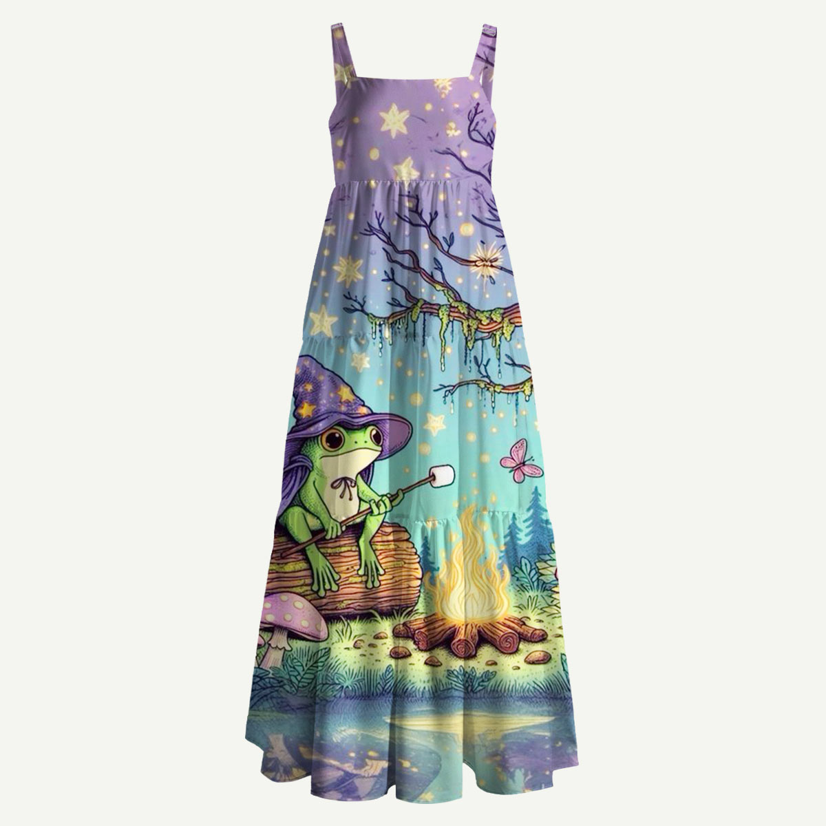Whimsical Frog Campfire Straps Maxi Dress With Pockets