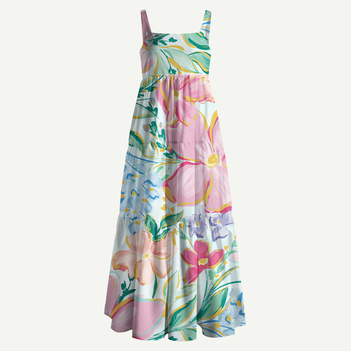 Watercolor Dream Pastel Floral Straps Maxi Dress With Pockets