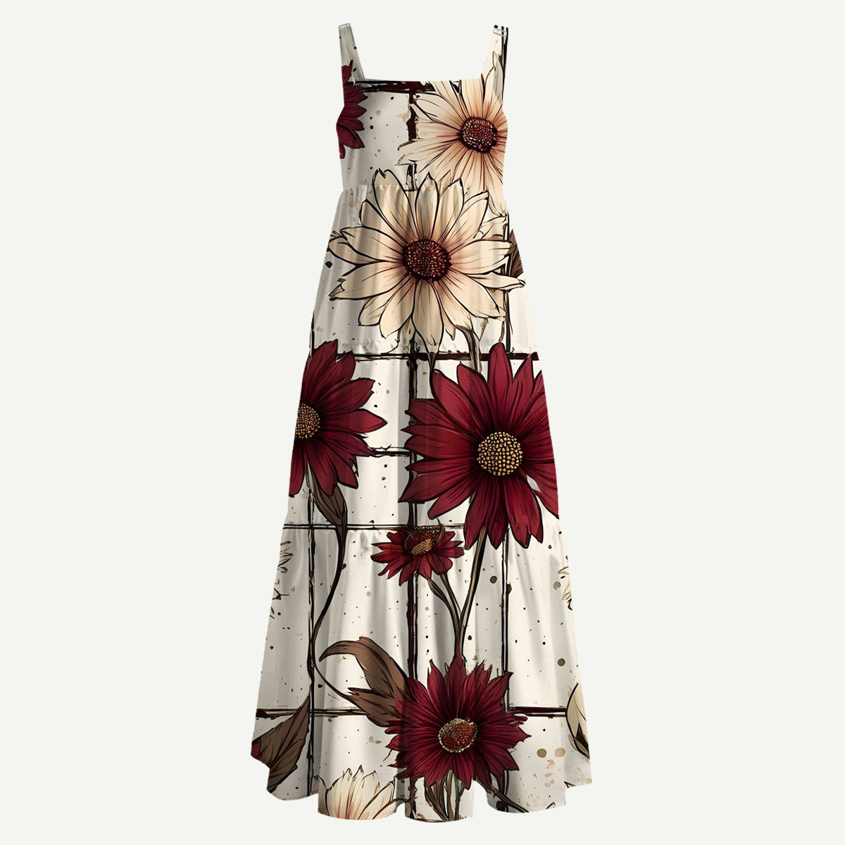 Vintage Crimson Daisy Straps Maxi Dress With Pockets