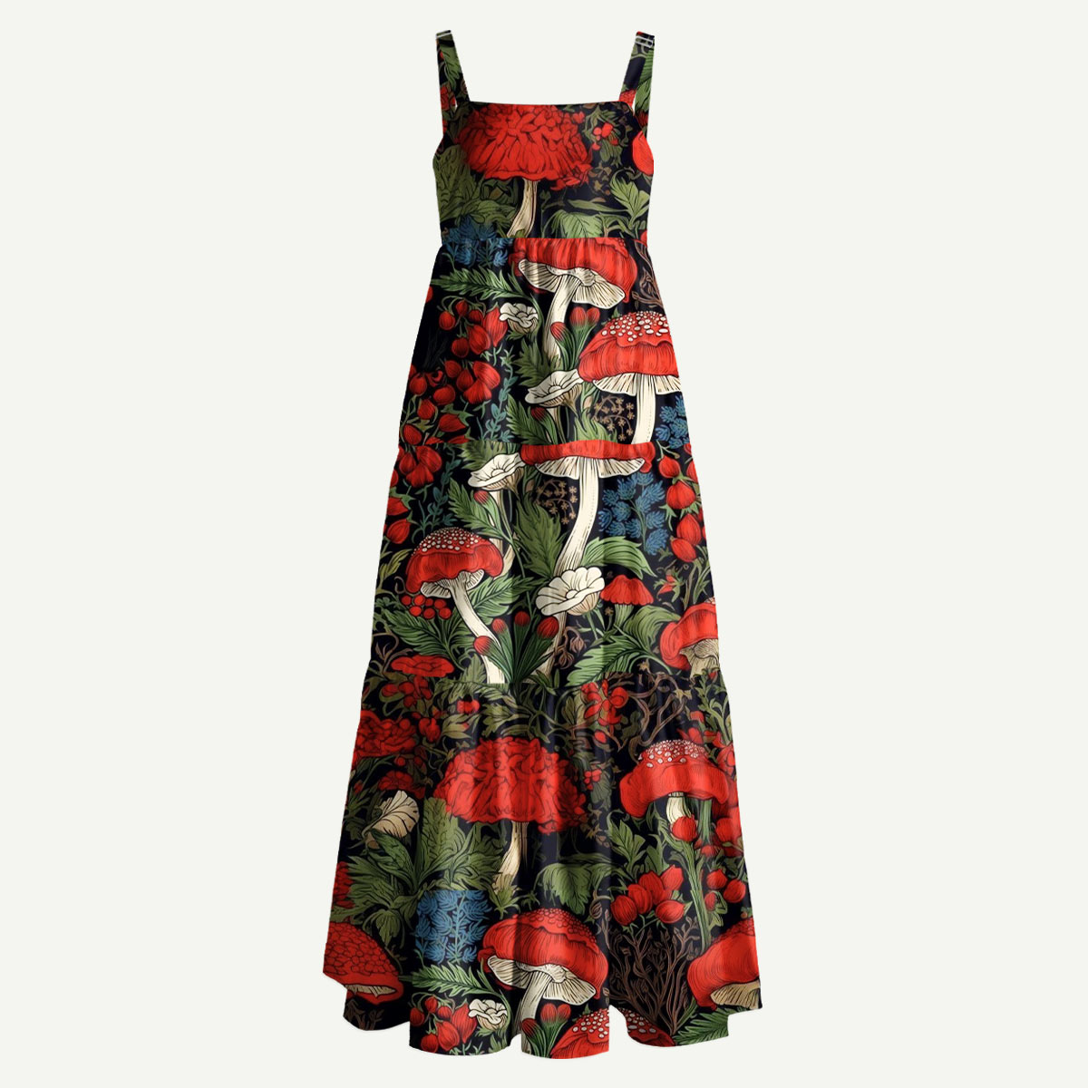 Red Mushroom and Woodland Botanical Straps Maxi Dress