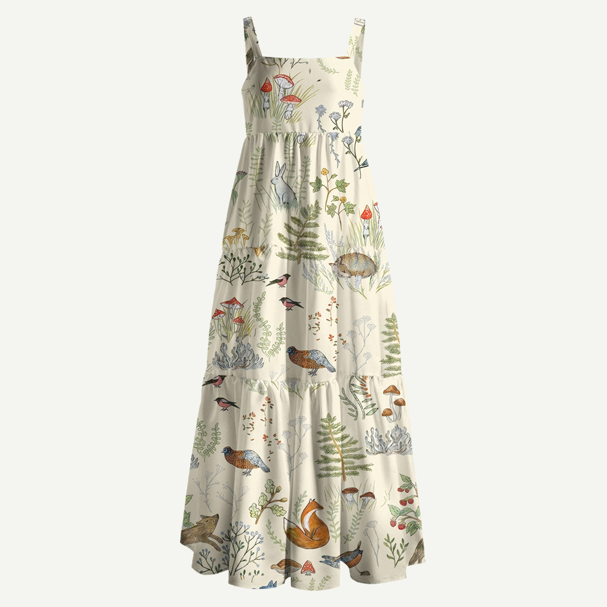 Woodland Animals and Mushrooms Straps Maxi Dress With Pockets