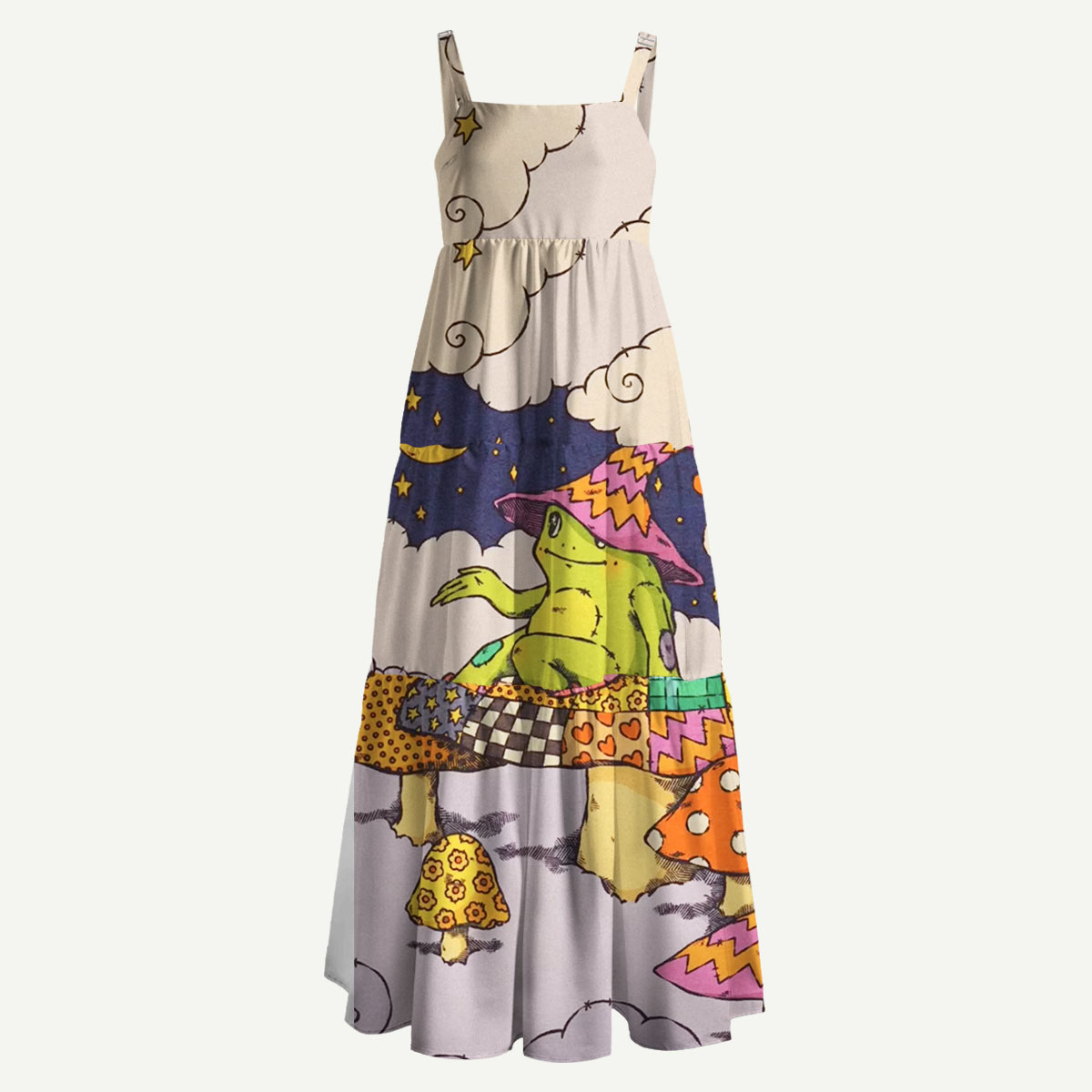 Whimsical Frog and Mushroom Straps Maxi Dress With Pockets