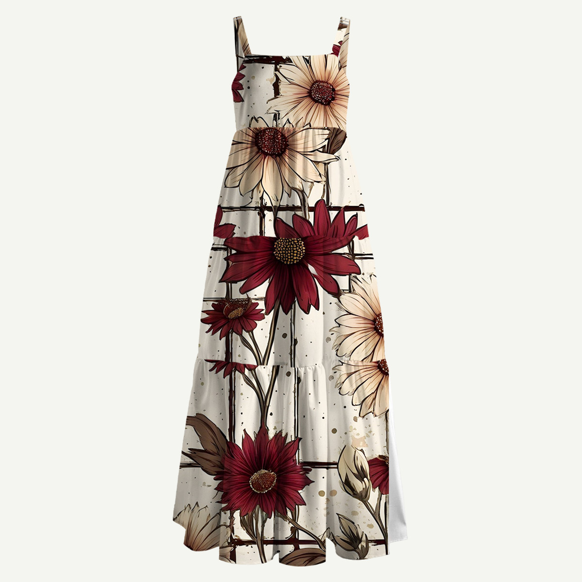 Vintage Crimson Daisy Straps Maxi Dress With Pockets