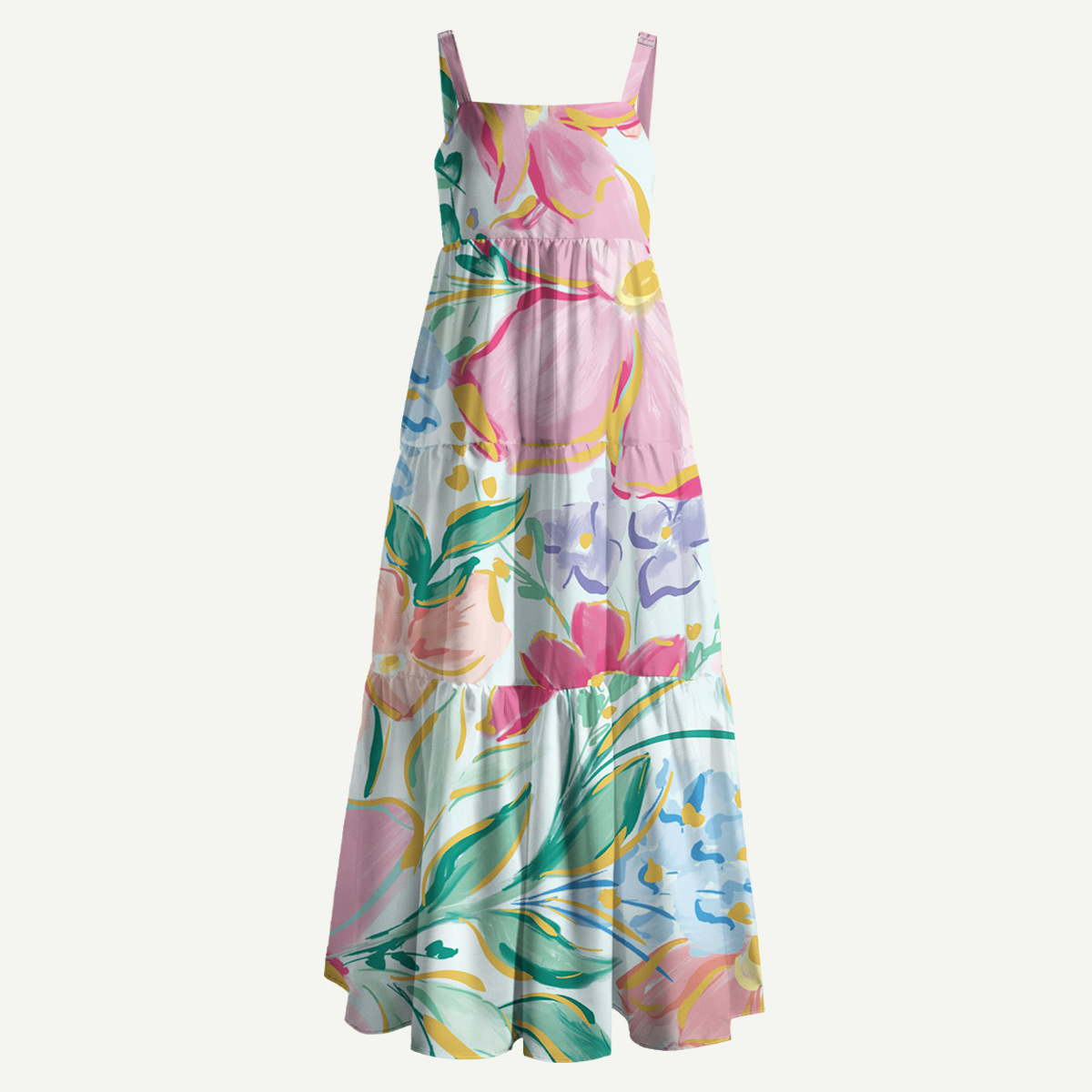 Watercolor Dream Pastel Floral Straps Maxi Dress With Pockets