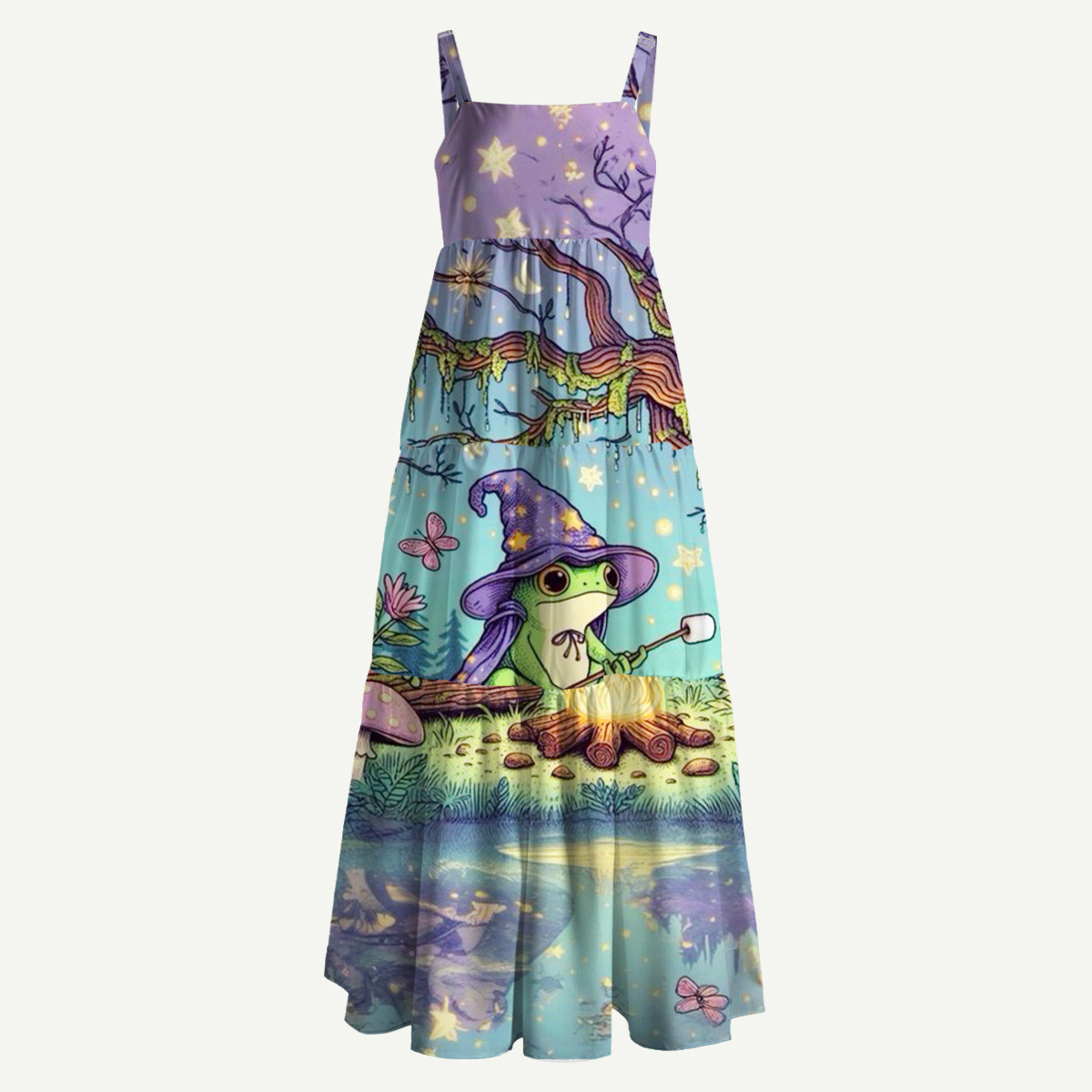 Whimsical Frog Campfire Straps Maxi Dress With Pockets