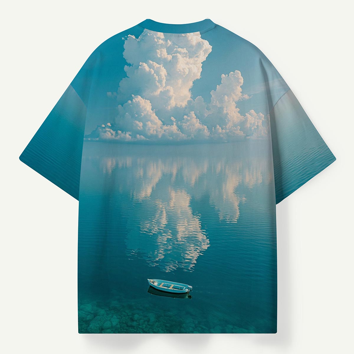 Boat on Calm Lake with Cloud Reflection Premium Eco Tee