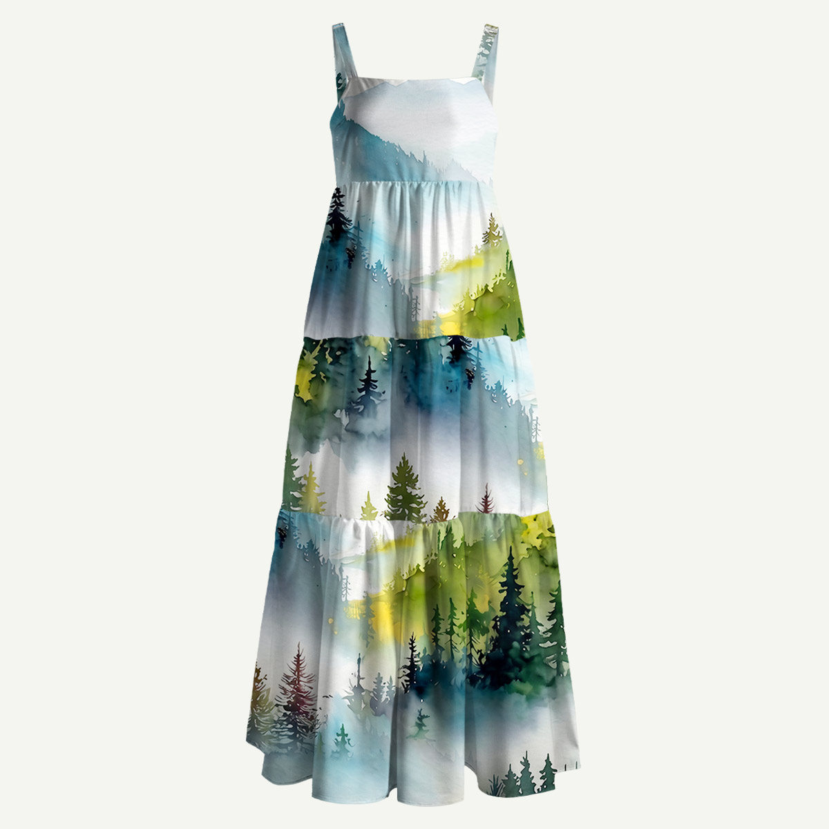 Watercolor Misty Mountain Forest Straps Maxi Dress With Pockets