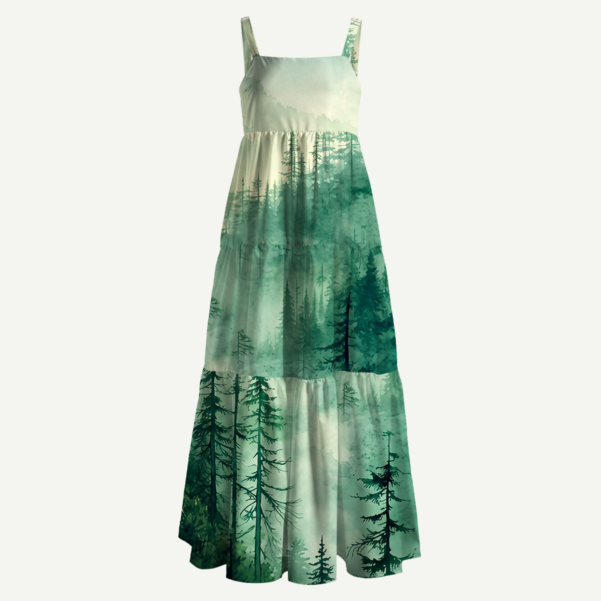 Misty Pine Forest Straps Maxi Dress With Pockets