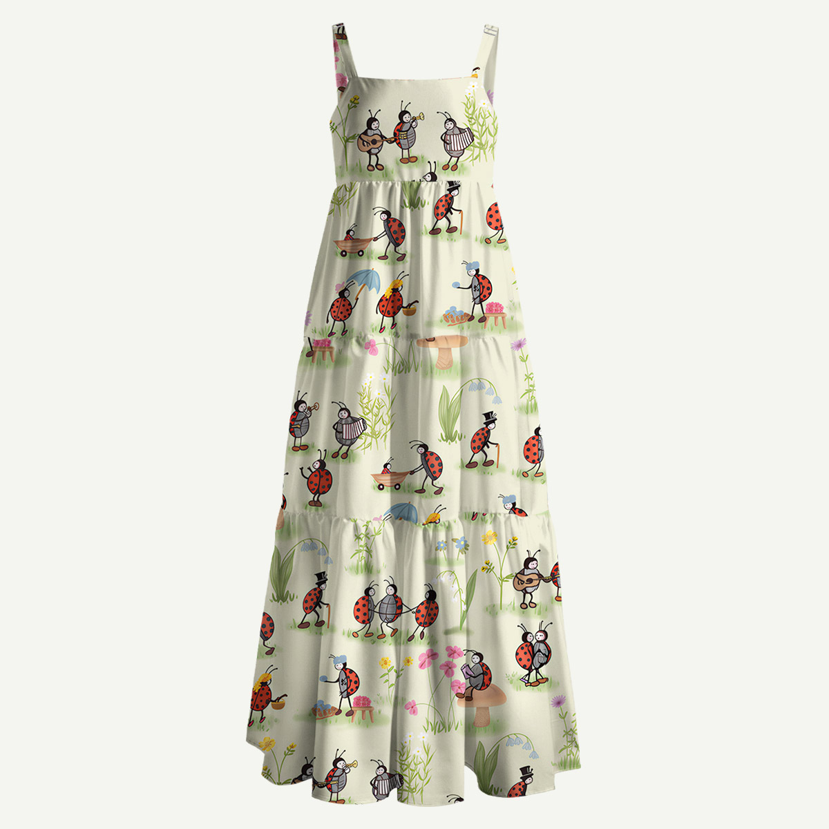 Ladybug and Flower Straps Maxi Dress With Pockets