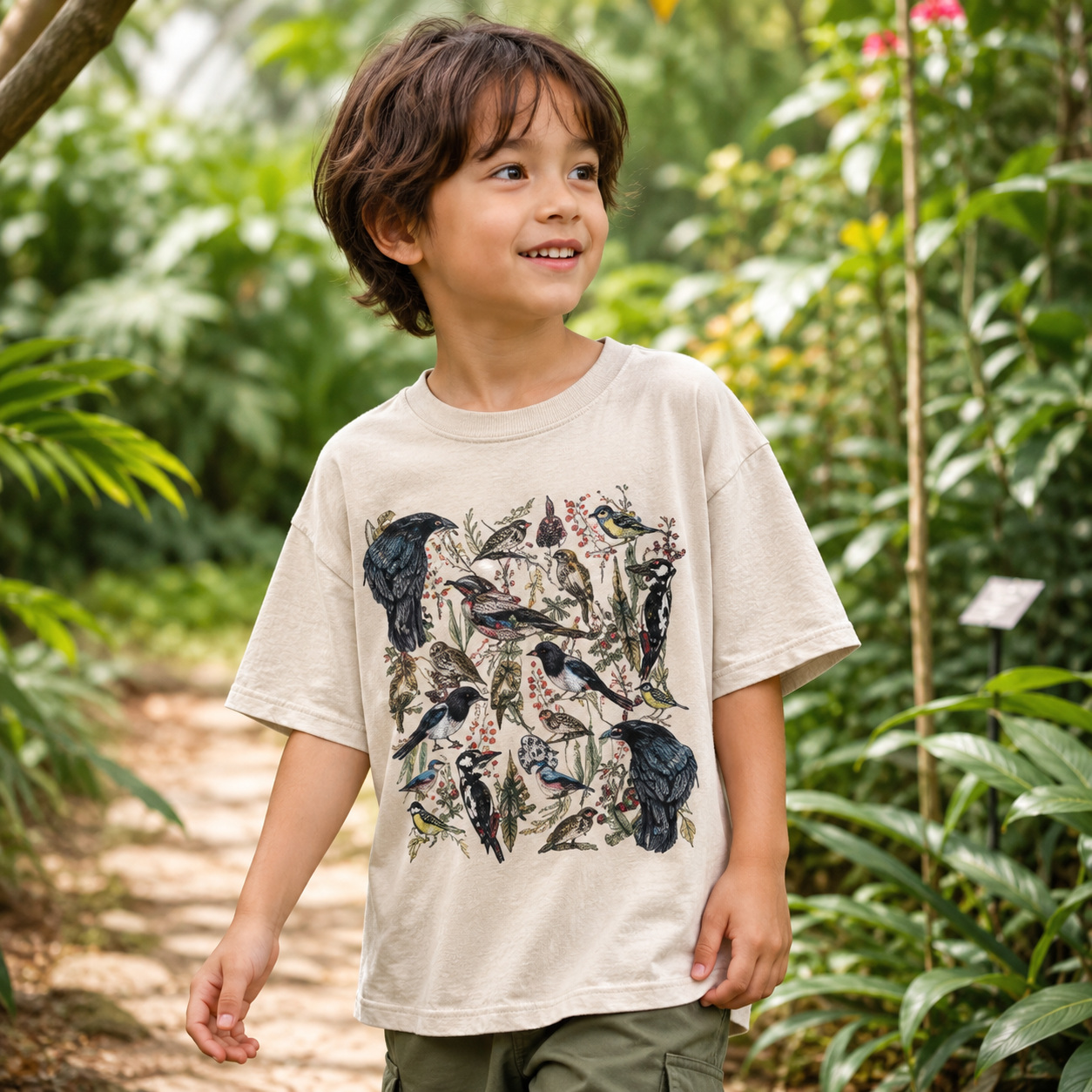 Vintage Wild Birds Botanical Kids Washed T-Shirt