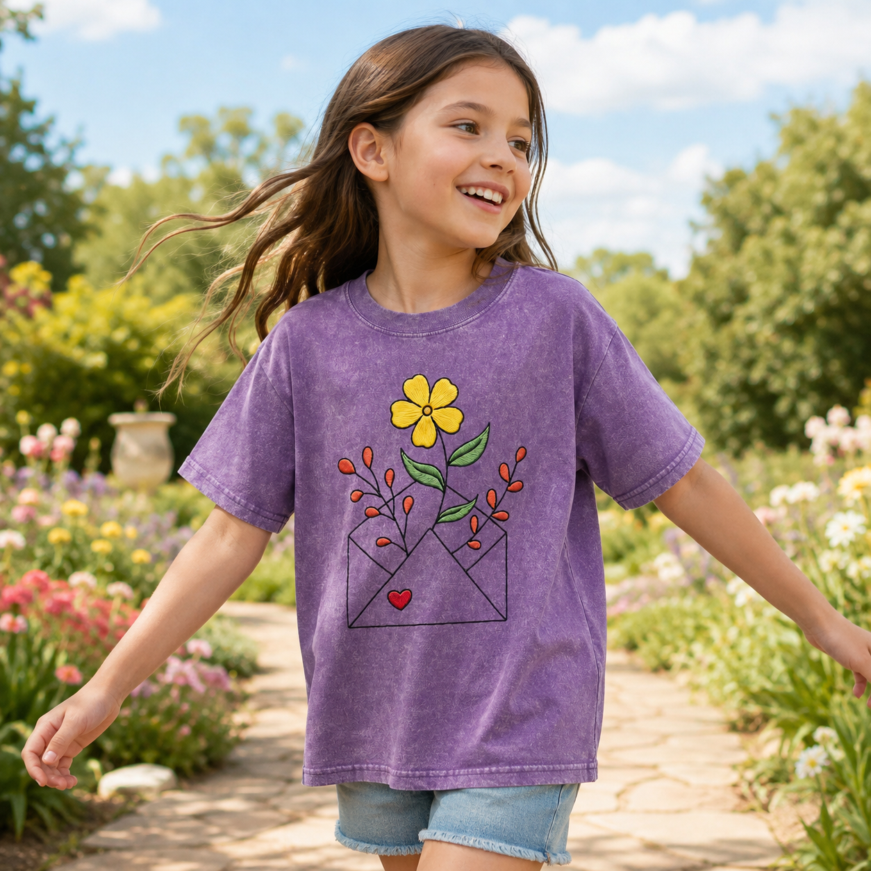 Floral Envelope Love Letter Kids Washed T-Shirt