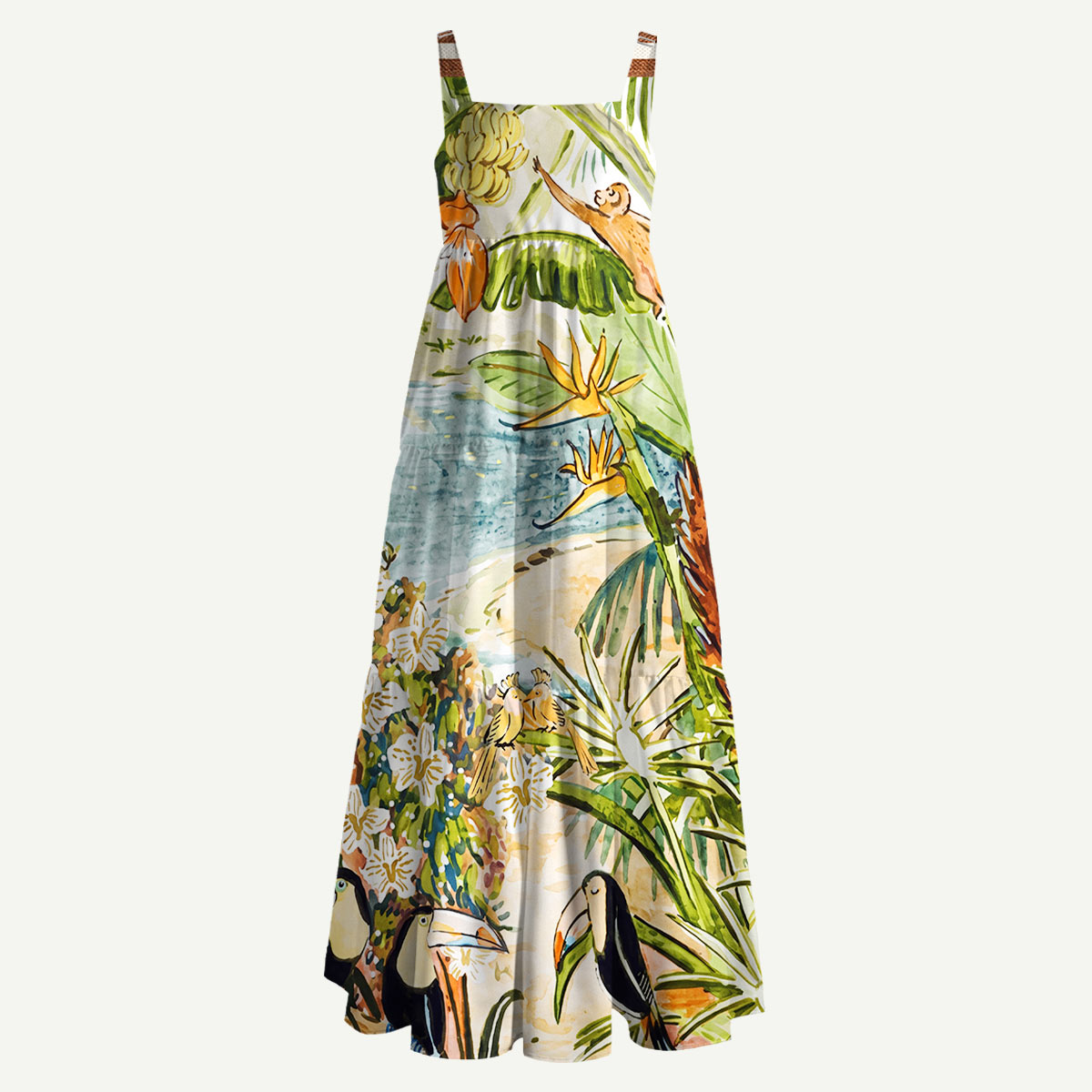 Tropical Jungle Toucan and Monkey Straps Maxi Dress
