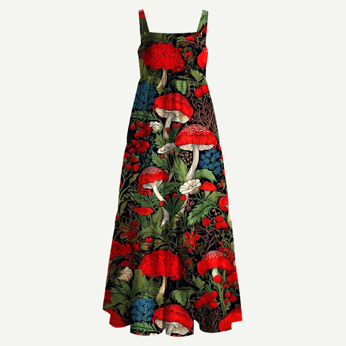 Red Mushroom and Woodland Botanical Straps Maxi Dress