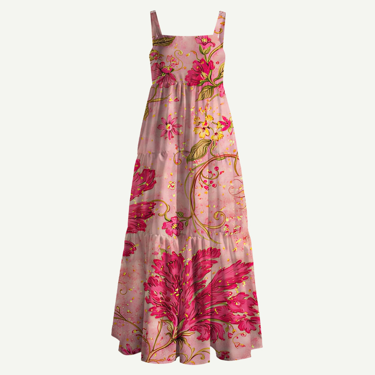 Pink Floral Vine Straps Maxi Dress With Pocket