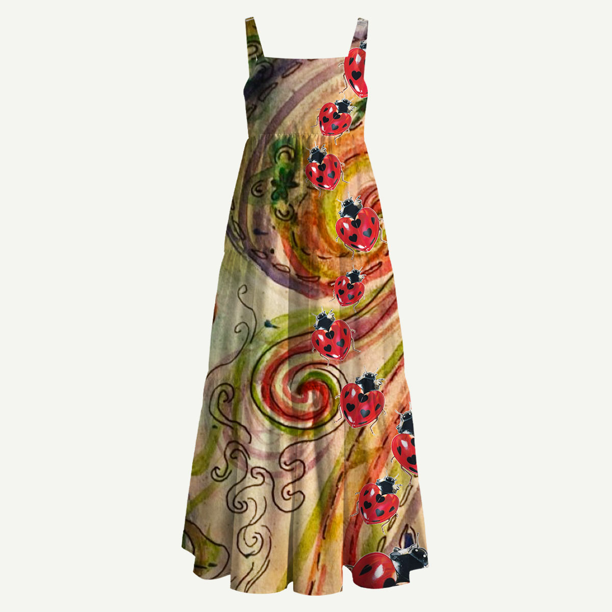 Ladybug Swirl Art Straps Maxi Dress With Pocket