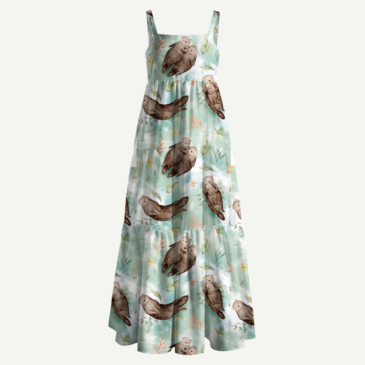 Watercolor Sea Otter Straps Maxi Dress With Pocket