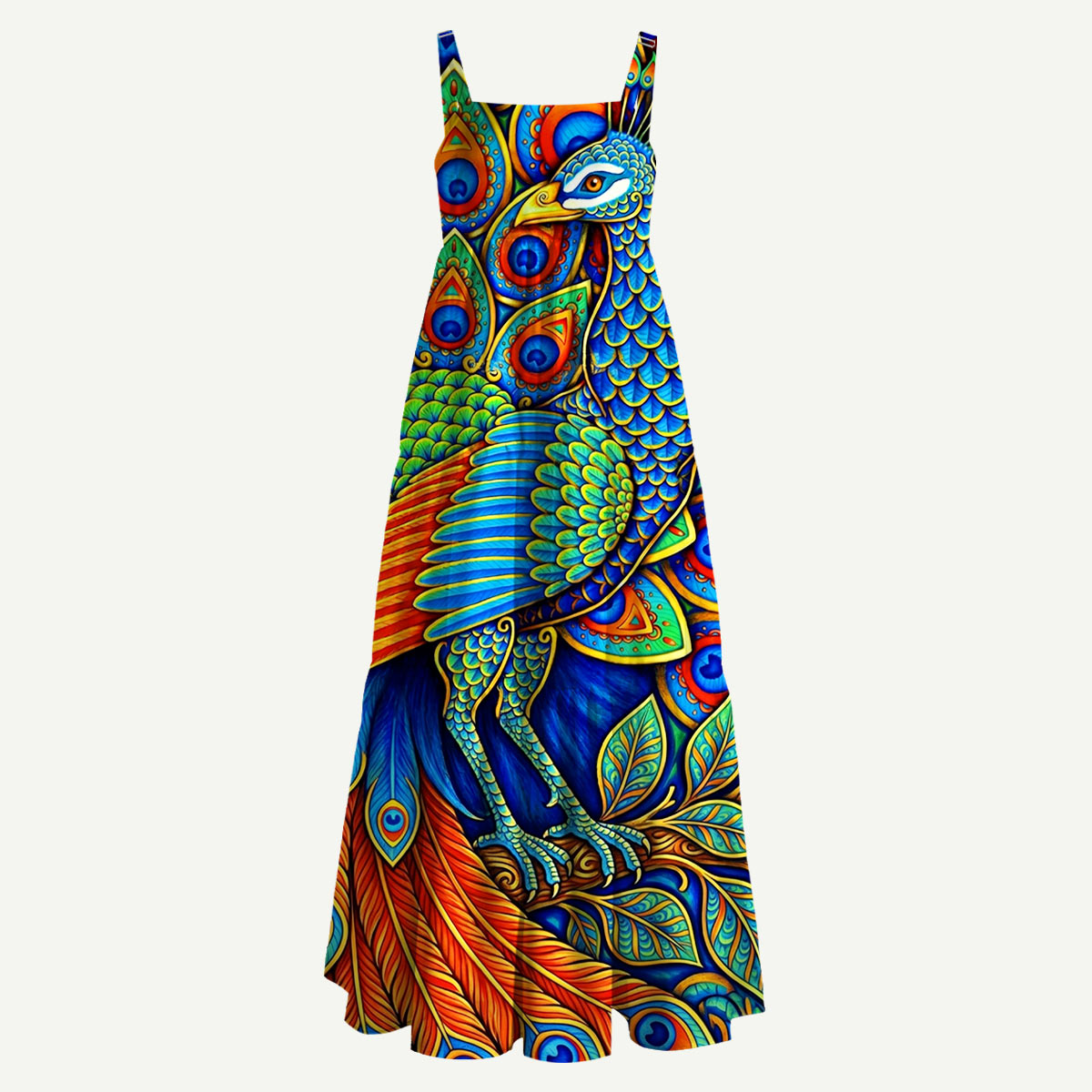 Paisley Peacock Rainbow Bird Straps Maxi Dress With Pocket
