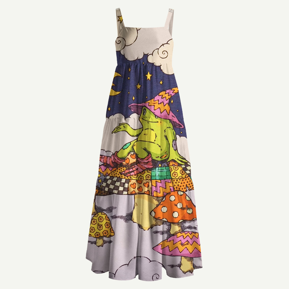 Whimsical Frog and Mushroom Straps Maxi Dress With Pockets