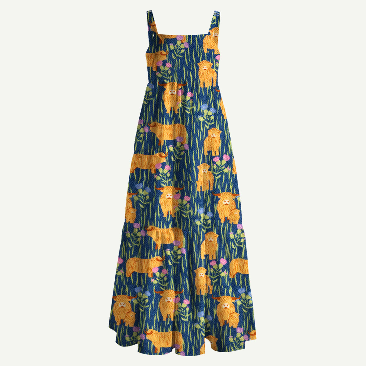 Highland Cow Meadow Story Straps Maxi Dress With Pockets