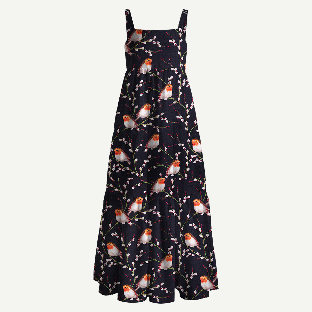 Midnight Robin Branch Straps Maxi Dress With Pockets